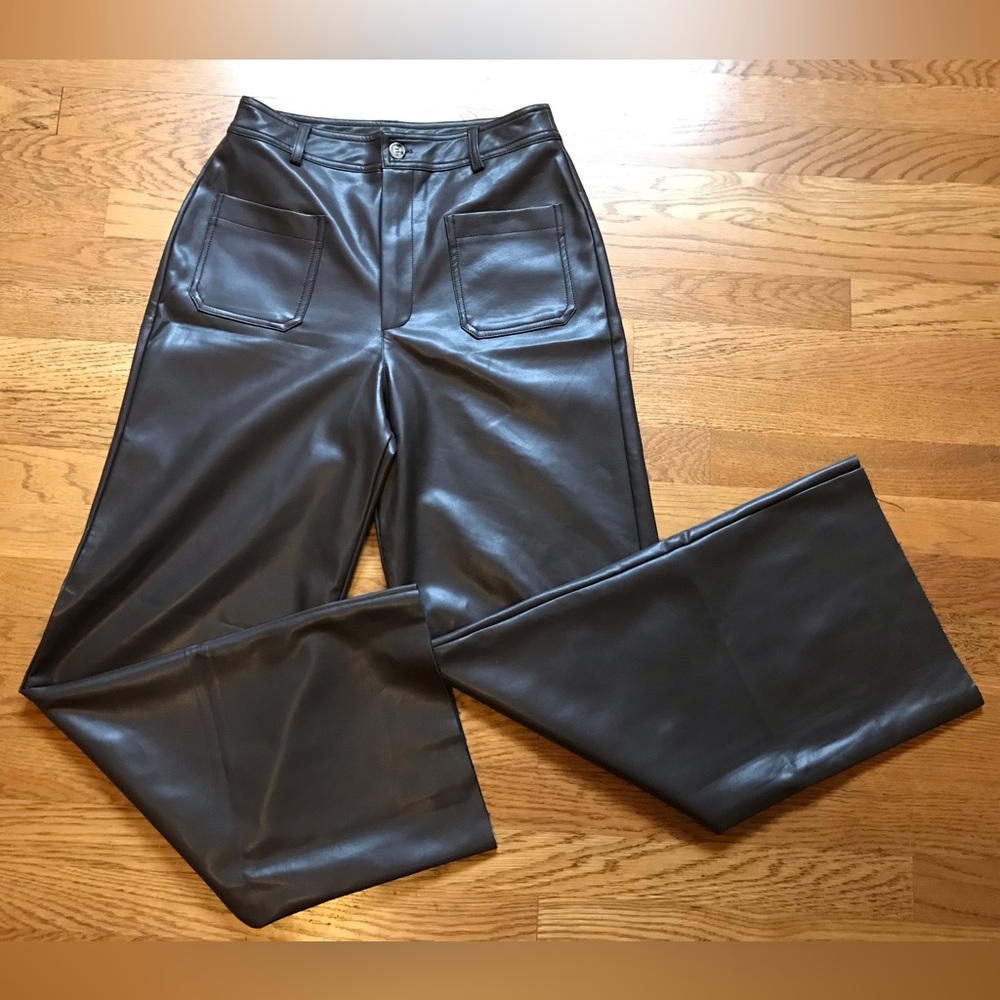 NWT Faux leather High waist wide leg  pants Dark brown size M - Picture 4 of 16